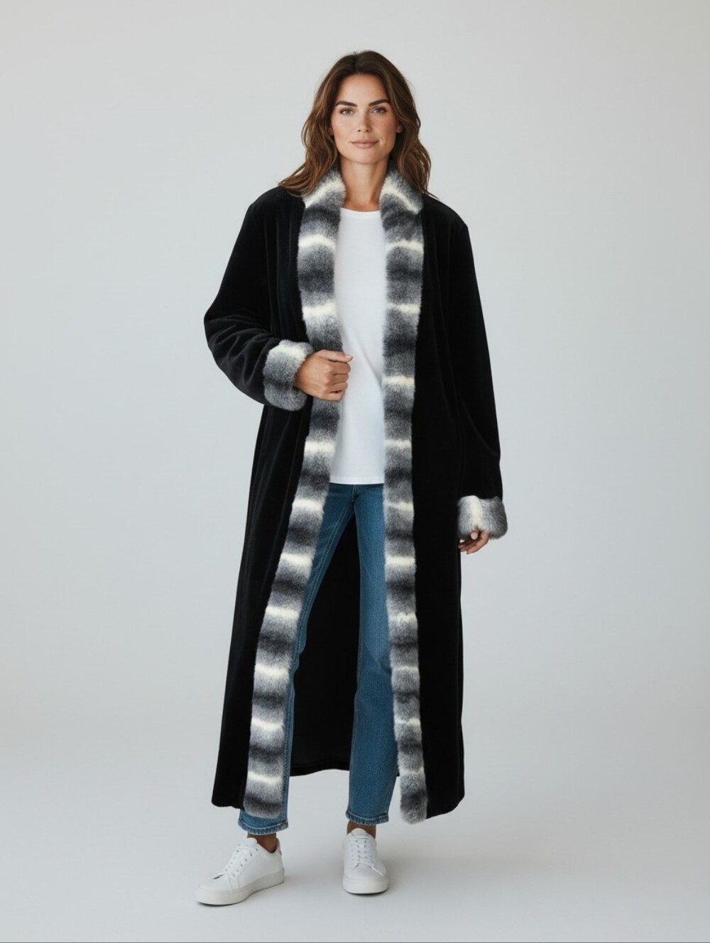 Vintage Faux Fur Full Maxi Length Coat Reversible Oversized Black Gray White